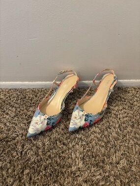 Nine West Blue Floral Kitten Heel Slingbacks - New